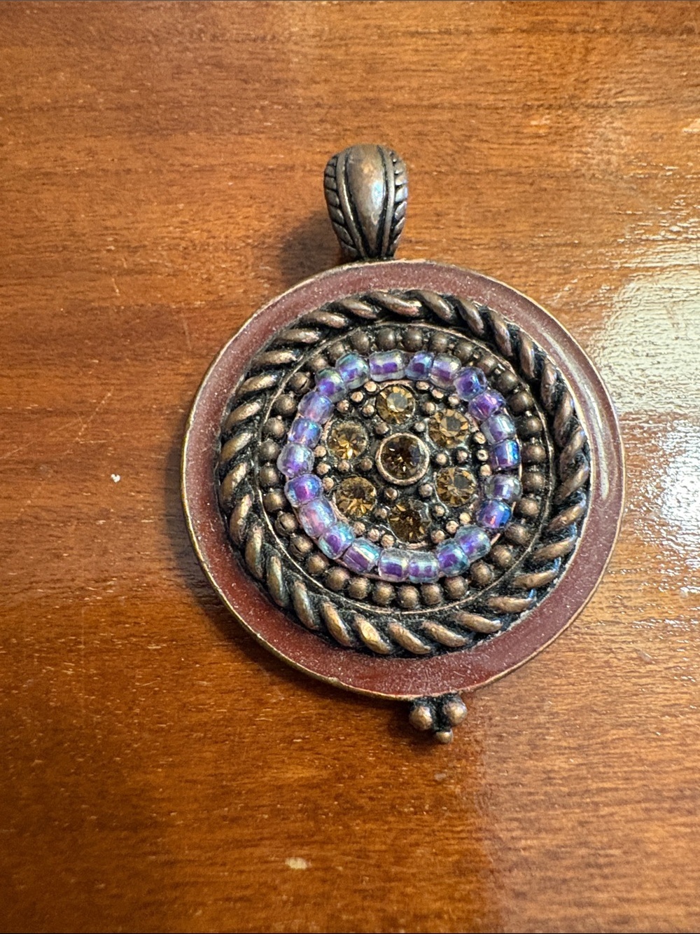 Cookie Lee Bronze-Tone Necklace Pendant with Purple and Amber Accents